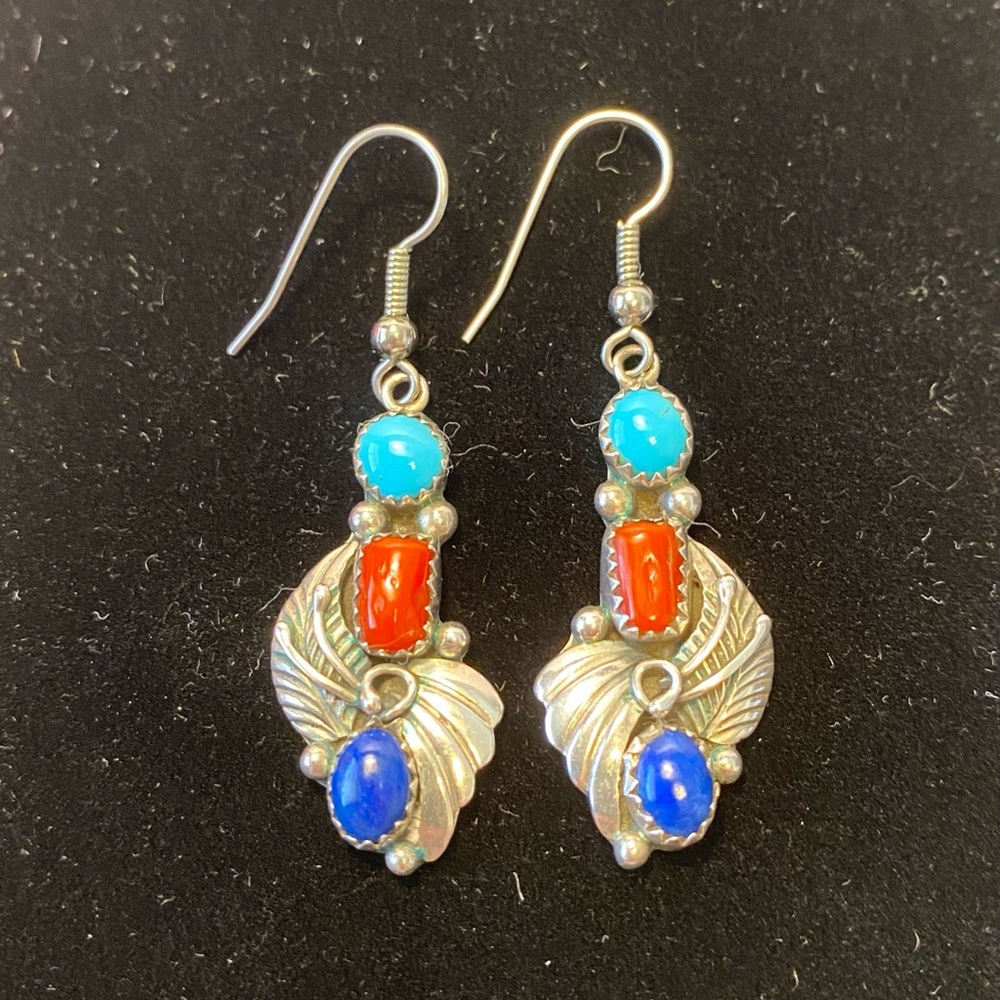 Sylvia Chee Sterling, Turquoise, Red Coral and Lapis Lazuli Navajo Earrings - Picture 3 of 8